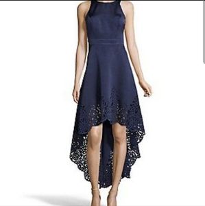 NWT Nicole Miller Navy High Low Laser Cut Evening Gown